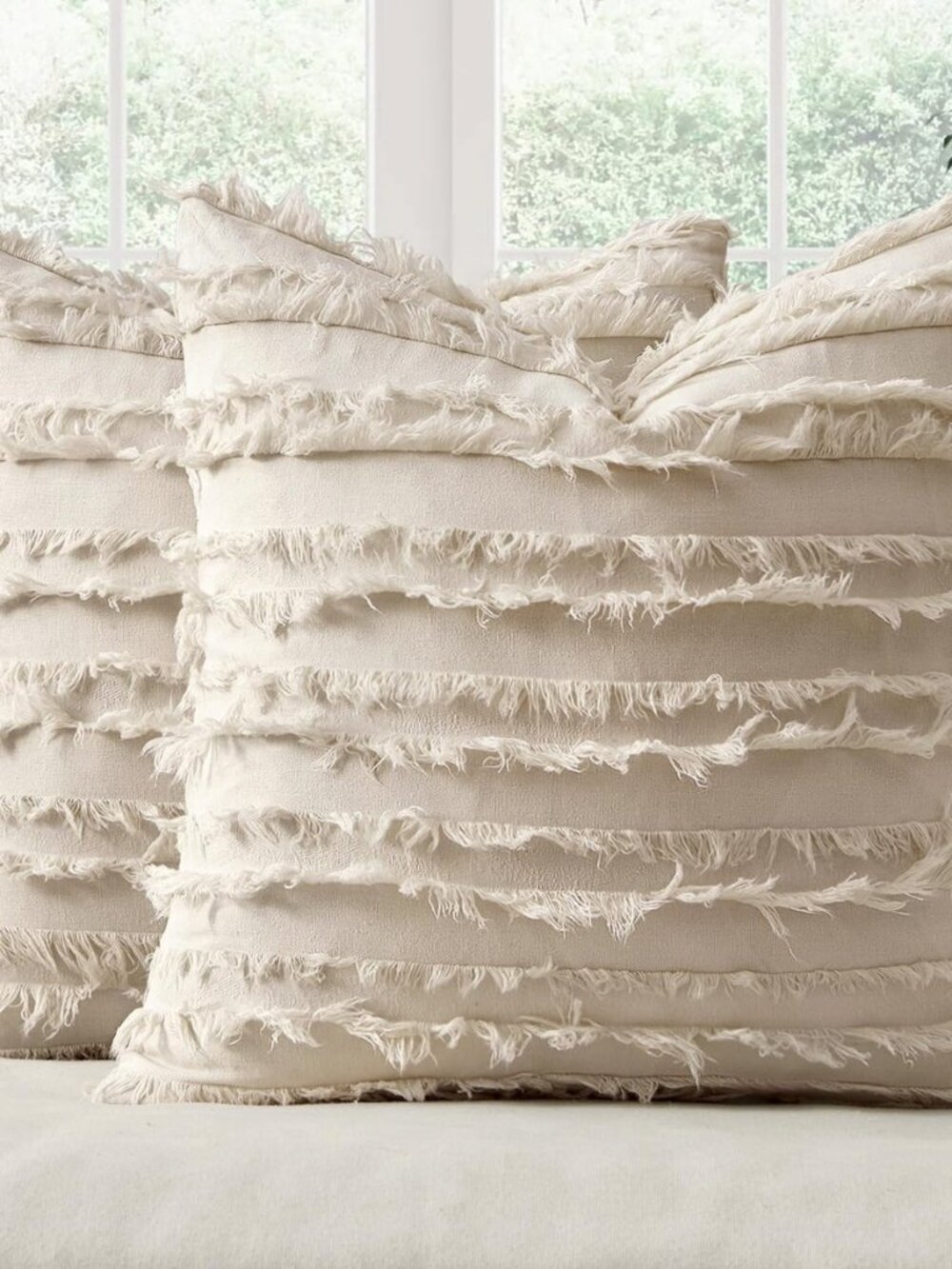 Boho Linen Striped Throw Pillow Covers 18x18, Neutral Beige